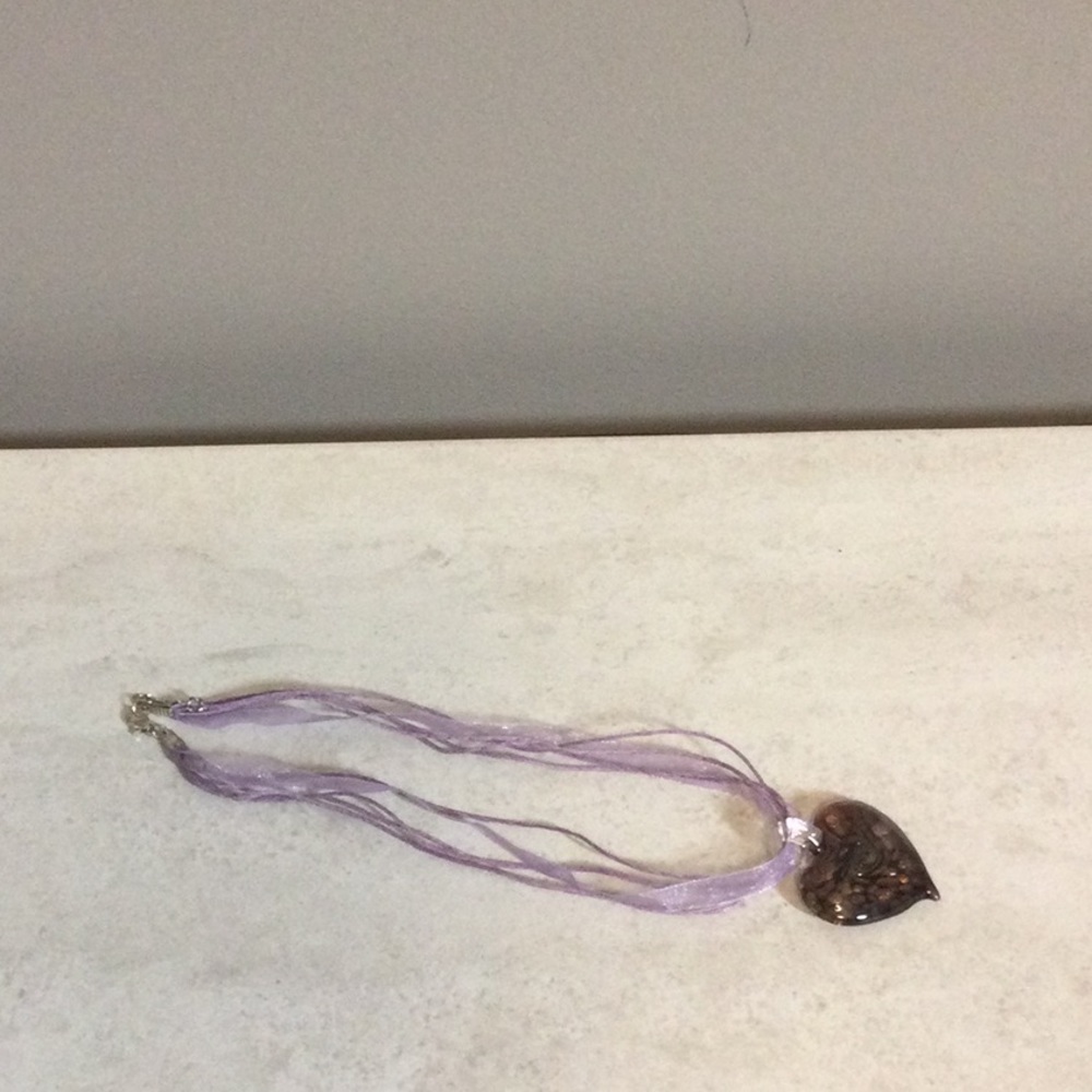 8” purple ribbon strand necklace with purple resin heart drop